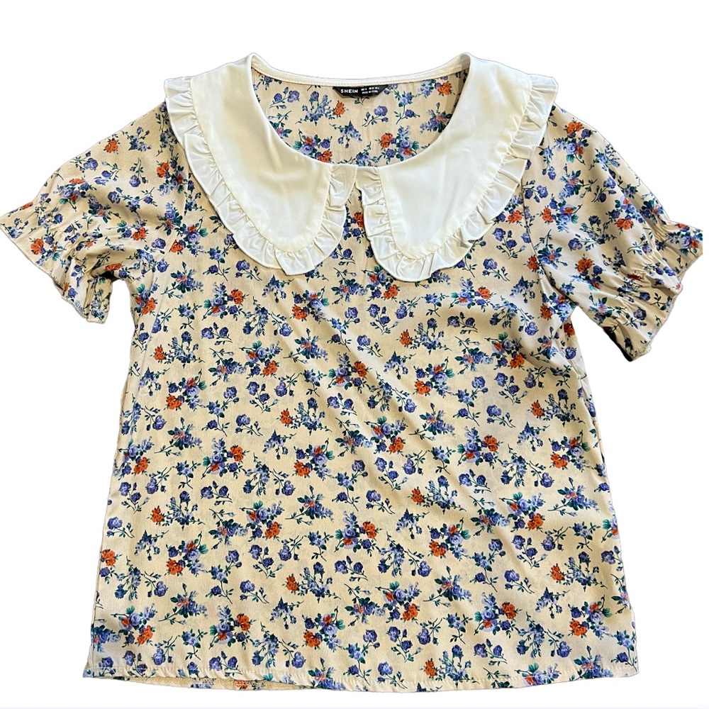 Shein Beige Floral White Statement Ruffle Collar Blouse Size Small
